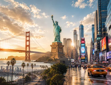 Paisagem editorial dos Estados Unidos com Golden Gate, Estátua da Liberdade e Times Square
