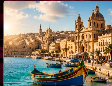 Vista editorial de Malta com mar azul-turquesa, arquitetura histórica e costa mediterrânea