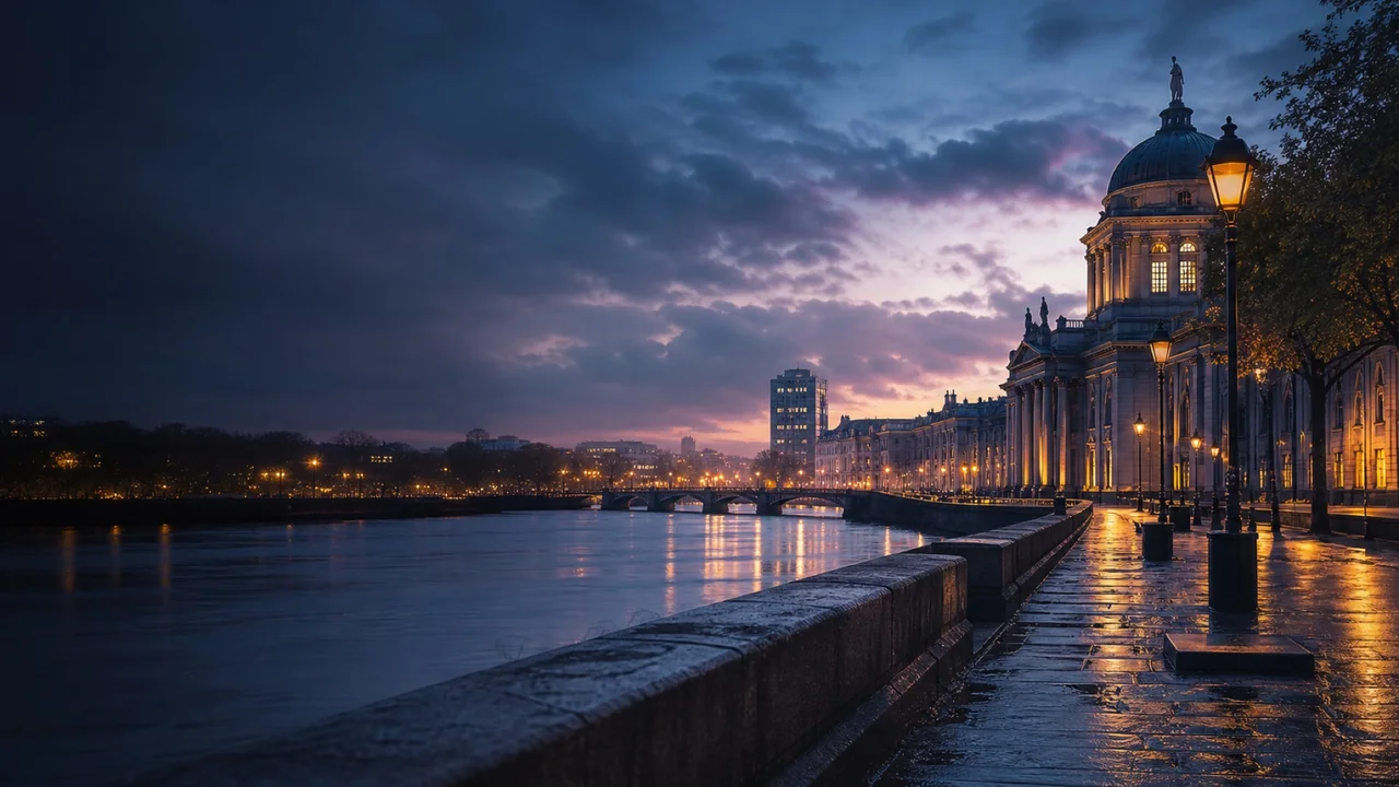 Arquitetura histórica e ruas de uma cidade da Irlanda