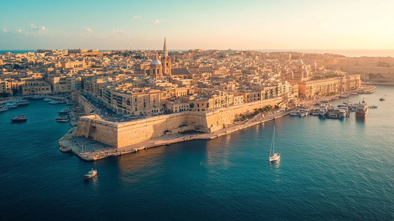 Costa mediterrânea de Malta, com mar azul e construções em pedra clara