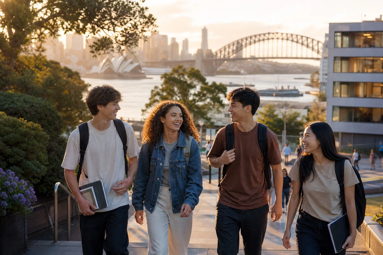 Ilustração de um grupo de adolescentes caminhando em Sydney, com a Opera House e a Harbour Bridge ao fundo