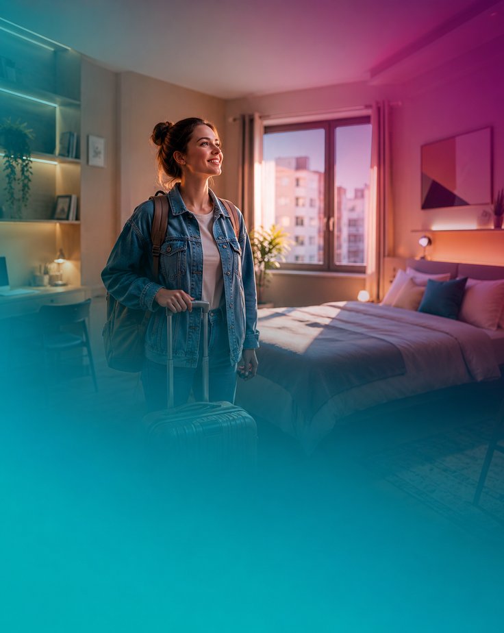 Jovem sorrindo com mala em quarto aconchegante de acomodação