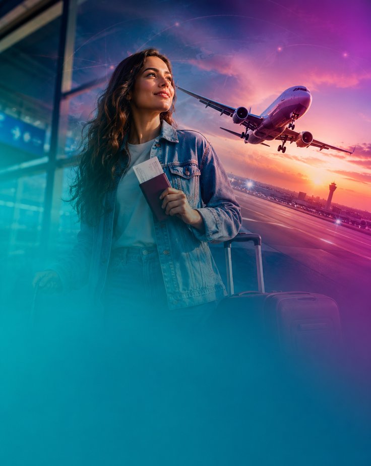 Jovem com passaporte e mala observando avião decolando ao pôr do sol